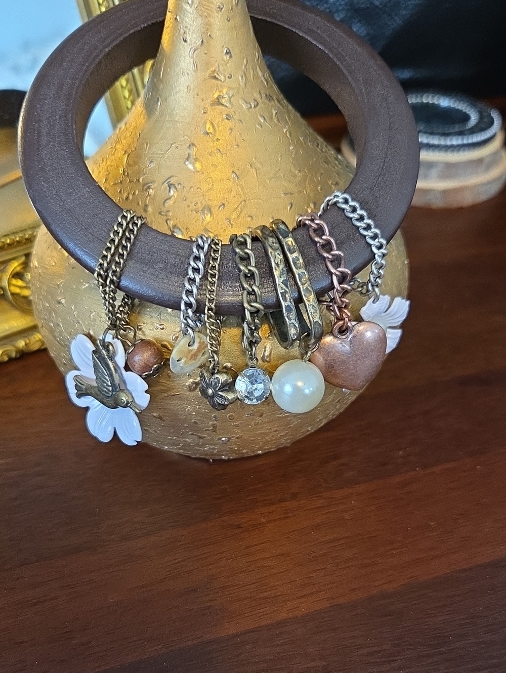Mixed Metal Wood  Charm Bracelet with White Flower and Pearl Accent